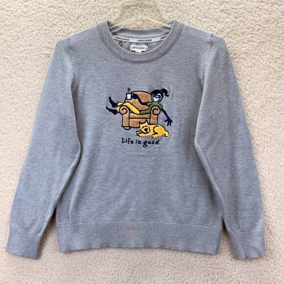 Life Is Good Knit Pullover Sweater Gray Size Medium Dog Girl Relax Coffee Lounge - Picture 2 of 10